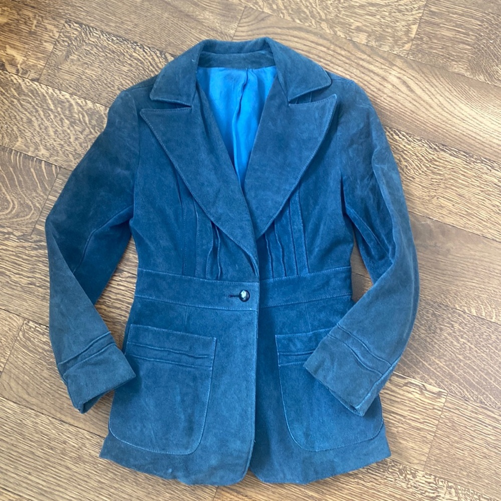 Vintage blue suede blazer jacket with oversized lapel